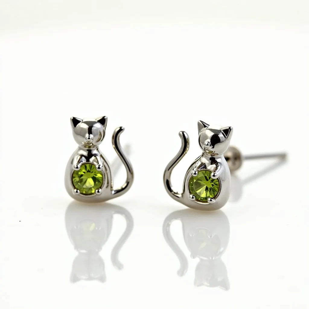 These cat earrings feature a sleek metallic design shaped like a cat, likely made from a polished silver or stainless steel material. Each earring showcases a vibrant green gem positioned at the center of the cat's body, which appears to be a round-cut stone securely held in a prong setting. The structure includes a tail extending outward, adding to the charming feline silhouette. The earrings come with a standard post and butterfly clutch back for secure attachment and easy wear.