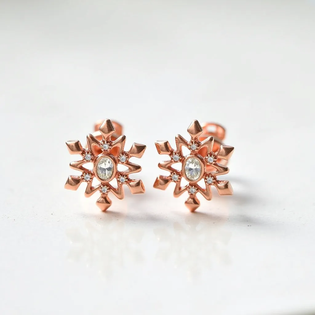 These Christmas earrings feature a stunning snowflake design crafted from what appears to be rose gold metal. At the center of each snowflake, there is an oval-shaped clear gem, likely a crystal or diamond, set in a bezel setting. Surrounding the central gem are smaller round gems, enhancing the sparkle and adding to the festive appeal. The structural form of the snowflake includes sharp, angular points that mimic the intricate details of real snowflakes. These earrings are designed with a post-back clasp, providing a secure and comfortable fit for the wearer.