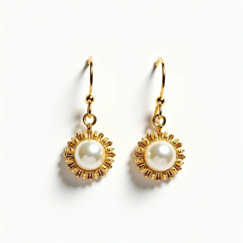 These christmas earrings feature a central pearl, elegantly set within a gold-toned starburst design that accentuates their festive charm. The pearls are smooth and spherical, adding a touch of classic sophistication. Surrounding the pearls is a series of gold metal accents that resemble sun rays, enhancing the overall shine and appeal. The earrings are attached via a simple yet secure hook clasp, allowing for comfortable wear. The combination of materials and the attention to decorative detail make these earrings a standout accessory for the holiday season.