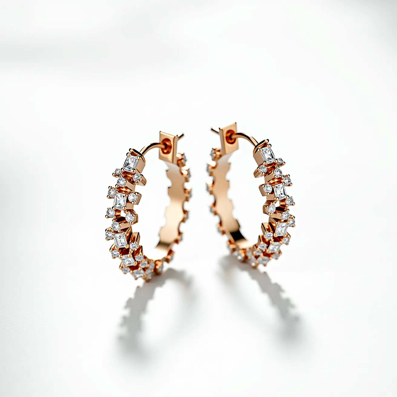 These Christmas earrings are designed in a gold-tone metal hoop, featuring an array of small, sparkling gemstones set along the outer edge. The stones appear to be clear, cut in round and square shapes, and are prong-set to secure their placement on the hoops. The earrings are fastened with a hinge post closure, providing a secure fit. The festive sparkle and intricate arrangement of the stones give these earrings a luxurious and celebratory appearance, perfect for holiday occasions.