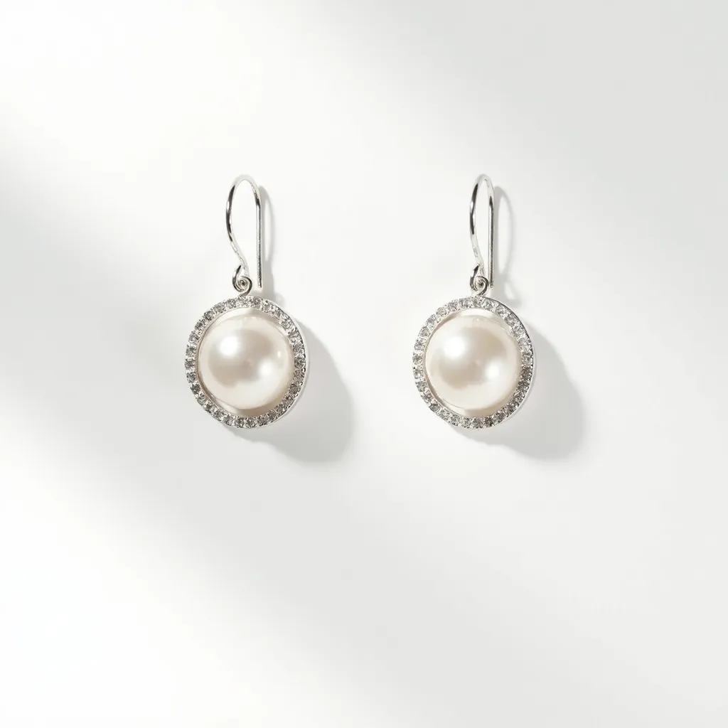 These circle earrings feature a central pearl with a smooth, lustrous surface surrounded by a halo of small, sparkling gemstones. Each earring showcases the pearl in a bezel setting, neatly bordered by what appears to be white gemstones, possibly diamonds, secured in a pavé style setting. The earrings are composed of a silver-colored metal, likely sterling silver or white gold, which provides a sophisticated frame for the gems. The attachment is a simple hook style, offering ease of wear while maintaining elegance.