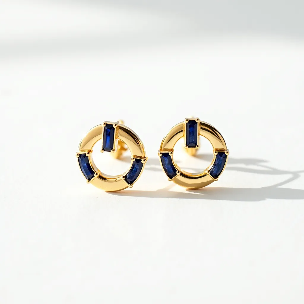 These circle earrings are crafted from a gold material, featuring a series of vibrant blue stones. Each stone is rectangular in shape, set into the gold circle in a balanced pattern. The stones are likely sapphires, given their deep blue hue, and appear to be securely held in place by prong settings, which accentuate their cut and clarity. The earrings have a post back attachment, ensuring they remain securely fastened when worn. The design showcases a harmonious blend of classic elegance and modern style.