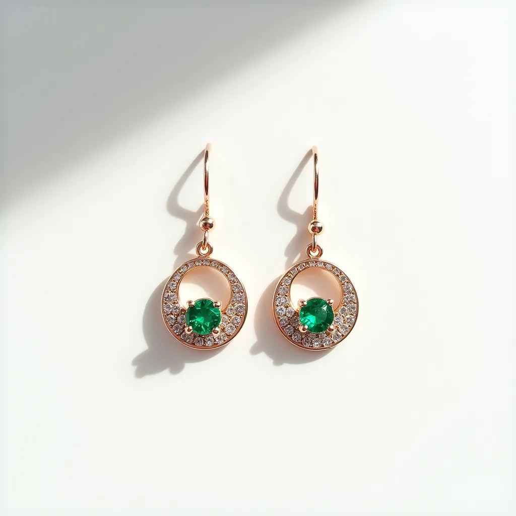 These circle earrings feature a round design crafted from a gold-colored metal. At the center of each earring, there is a striking green gemstone that appears to be an emerald, set in a secure four-prong setting. Surrounding the emerald are multiple small, clear stones that resemble diamonds, arranged in a circular pave setting, adding a shimmering effect. The earrings are equipped with a hook-style attachment for easy and secure wearing. This combination of materials and design elements creates an elegant piece of jewelry.