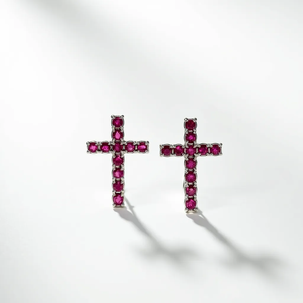 These cross earrings for women feature a series of small, round-cut gems, likely stones resembling rubies, set in a symmetrical cross pattern. The stones are mounted in a prong setting, enhancing their vivid red color and allowing light to pass through for added brilliance. The metal appears to be a polished silver tone, providing a sleek and elegant framework for the gems. The earrings are designed with a post back, which is a common attachment for stud earrings, ensuring a secure and comfortable fit.

