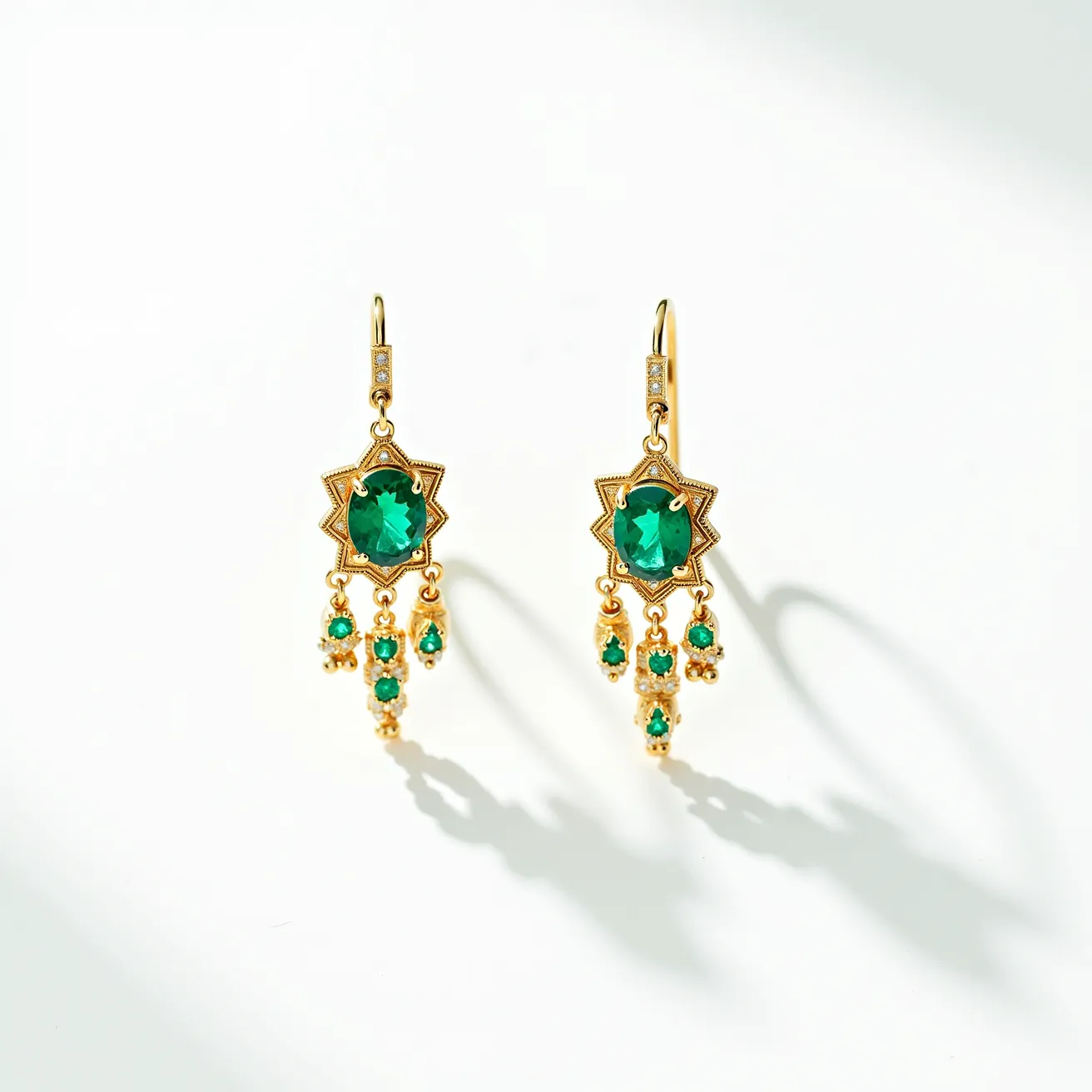 These dangle earrings feature a luxurious design with a gold-toned metal setting that elegantly complements the vibrant green stones. The primary stones are set in a star-shaped frame, showcasing a faceted emerald-cut that enhances their brilliance. Below the main stone, smaller round-cut stones dangle, adding movement and additional sparkle to the piece. The earrings use a hook clasp for attachment, ensuring both security and comfort. The intricate details and artistry reflect a sophisticated aesthetic, making these earrings a striking accessory.