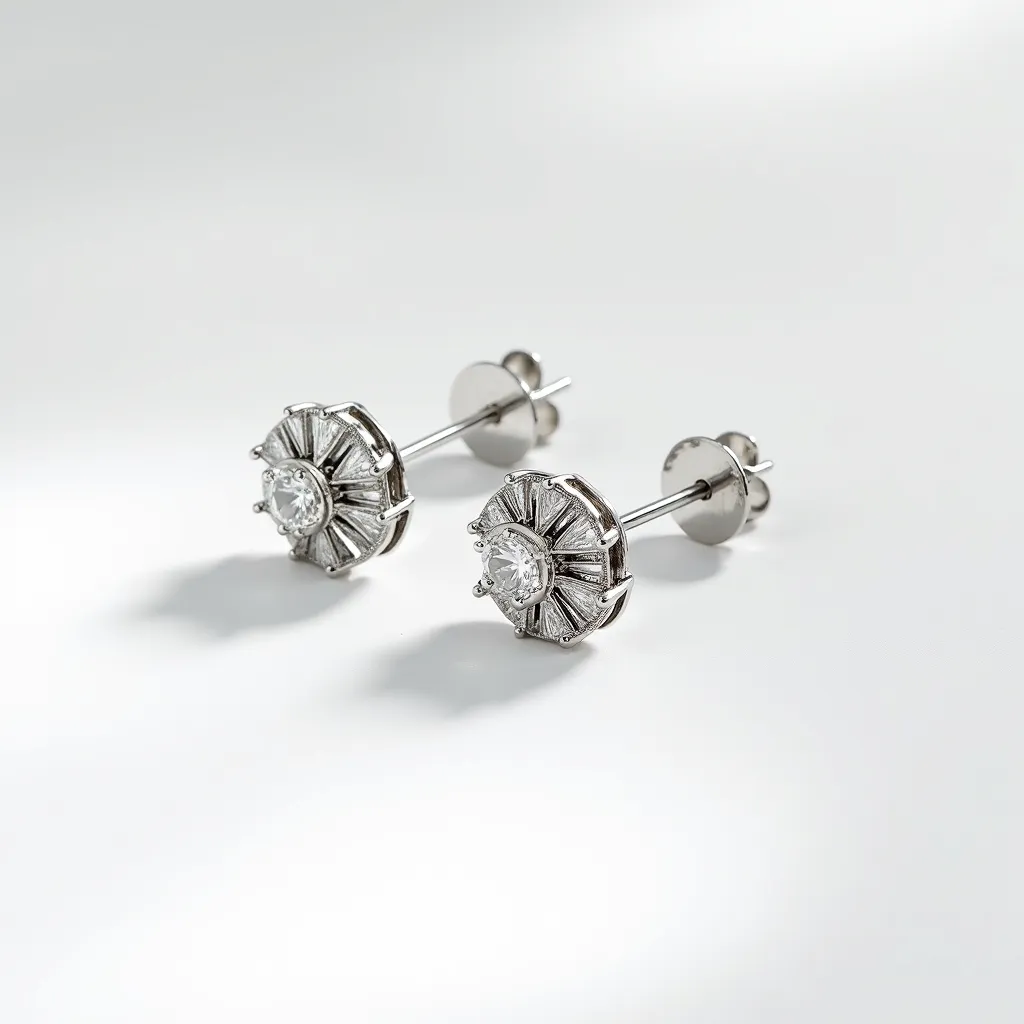 These diamond earrings feature a stunning central round-cut diamond, held in place by a secure prong setting. Surrounding the central gem are tapered baguette-cut diamonds, creating a striking sunburst design. The earrings appear to be crafted from a high-quality white metal, likely white gold or platinum, enhancing the sparkle of the diamonds. They are designed with a push-back clasp for secure attachment, ensuring comfortable wear. The combination of the central stone and the surrounding baguettes offers an elegant and sophisticated aesthetic, suitable for various occasions.