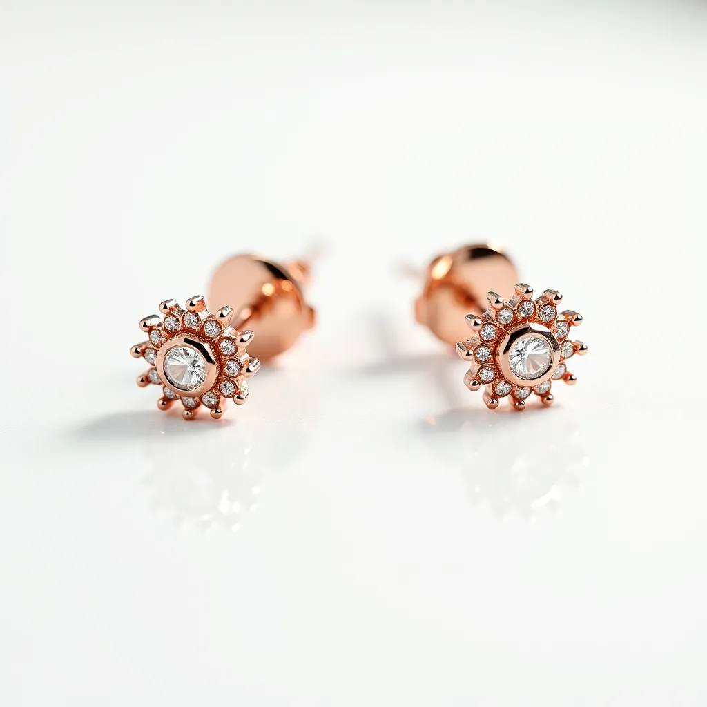 These diamond earrings showcase a central round diamond set in a classic rose gold setting. Surrounding the main diamond are smaller, pave-set diamonds forming a halo that enhances the brilliance and adds extra sparkle. The earrings are crafted with meticulous attention to detail, featuring a polished rose gold finish that complements the shine of the diamonds. The attachment is a traditional post style with a secure backing, designed for comfortable and safe wear. The combination of the rose gold and the sparkling diamonds creates an elegant and timeless look, perfect for various occasions.