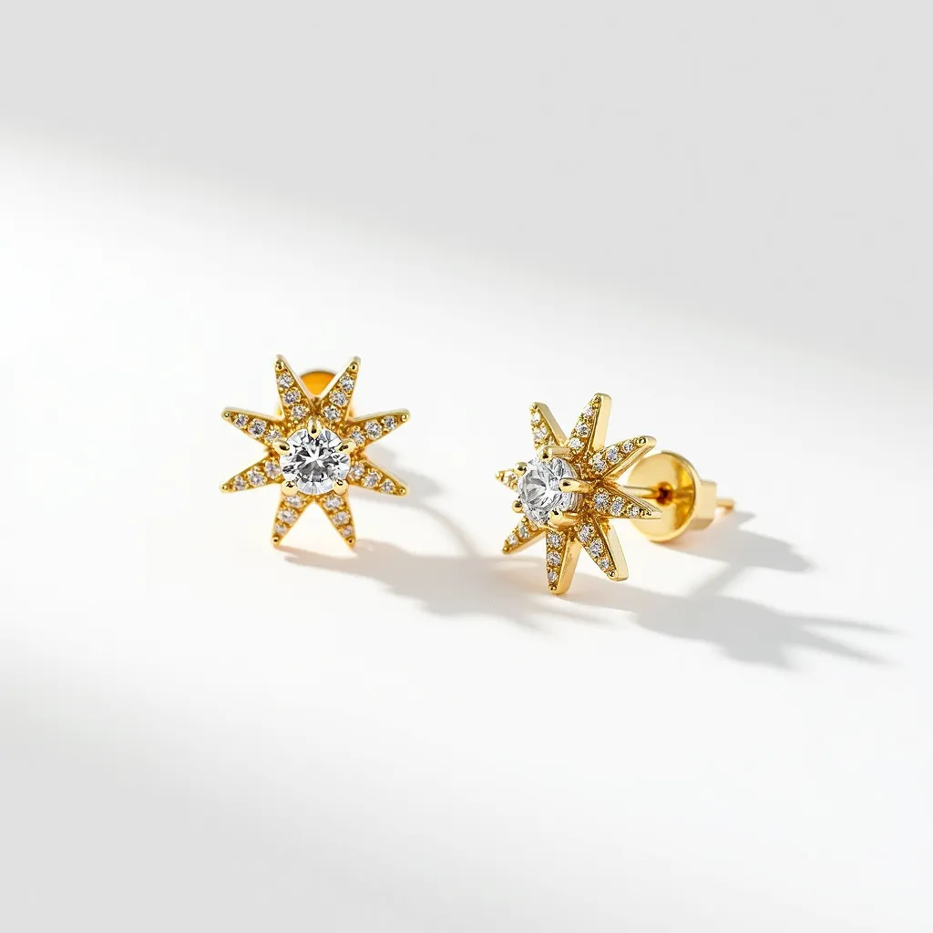 These diamond earrings feature a radiant starburst design crafted from polished gold, with each earring centered around a prominent round-cut diamond. Surrounding the central diamond, smaller diamonds are elegantly set into the gold star points, enhancing the overall brilliance and sparkle of the piece. The earrings employ a post and butterfly clasp, ensuring a secure and comfortable fit for the wearer. The meticulous arrangement of stones and refined gold setting showcase the artistry and craftsmanship involved in creating these stunning earrings.