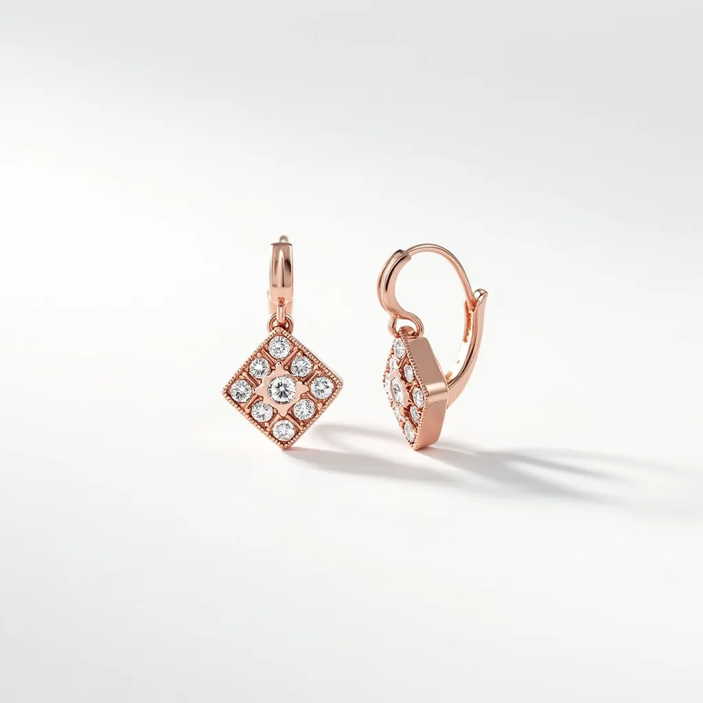 These diamond earrings feature a rose gold setting, showcasing a modern and elegant design. Each earring consists of a diamond-shaped frame adorned with multiple round-cut diamonds, arranged in a grid pattern to form intricate clusters. These diamonds are likely set in a prong or bead setting, enhancing their sparkle and brilliance by allowing light to pass through them. The earrings utilize a lever-back clasp, providing both security and comfort when worn. The combination of rose gold and brilliant diamonds creates a harmonious blend of warmth and luxury.