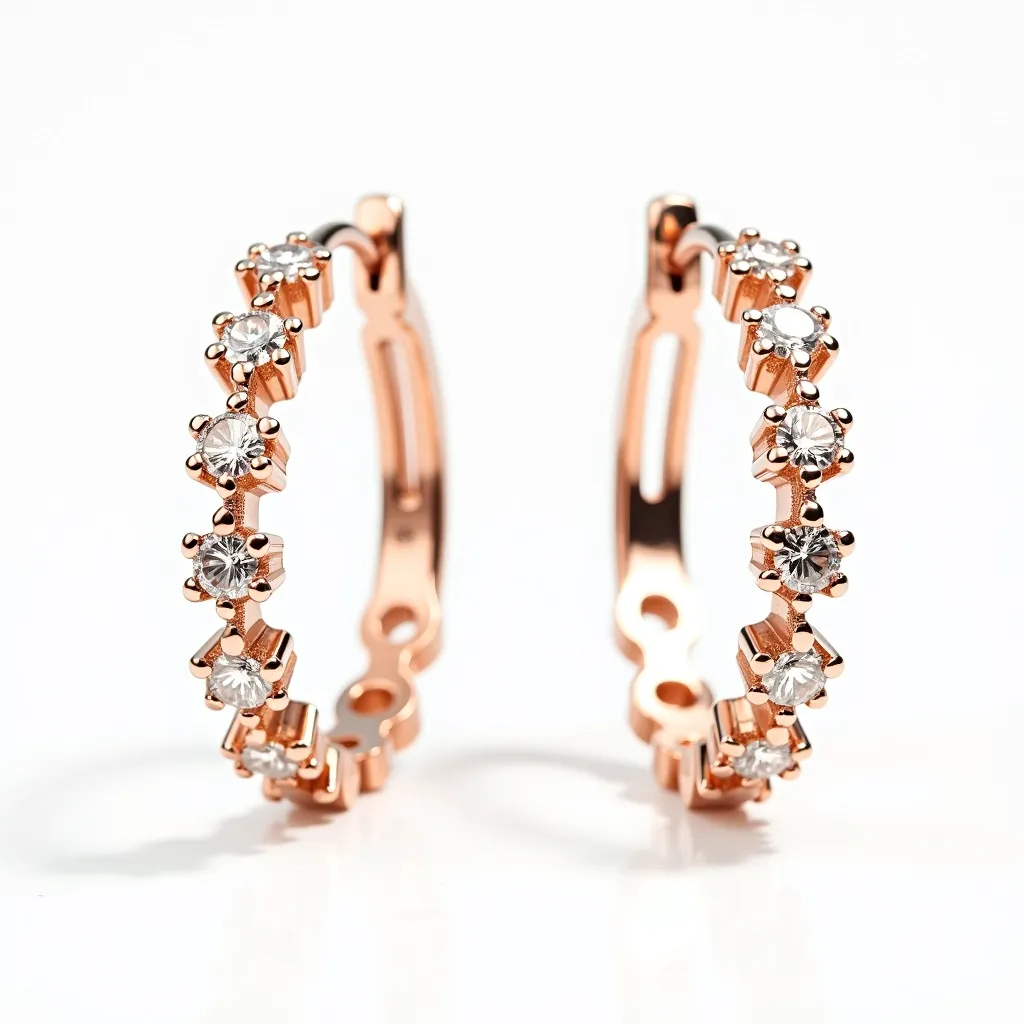 These diamond hoop earrings are crafted from rose gold and feature round-cut diamonds set in a prong setting along the outer edge of the hoops. The arrangement allows each diamond to catch light from all angles, enhancing their sparkle. The hoops are designed with a hinge closure, offering both security and ease of wear. The combination of rose gold with the brilliance of the diamonds creates a striking and elegant accessory.