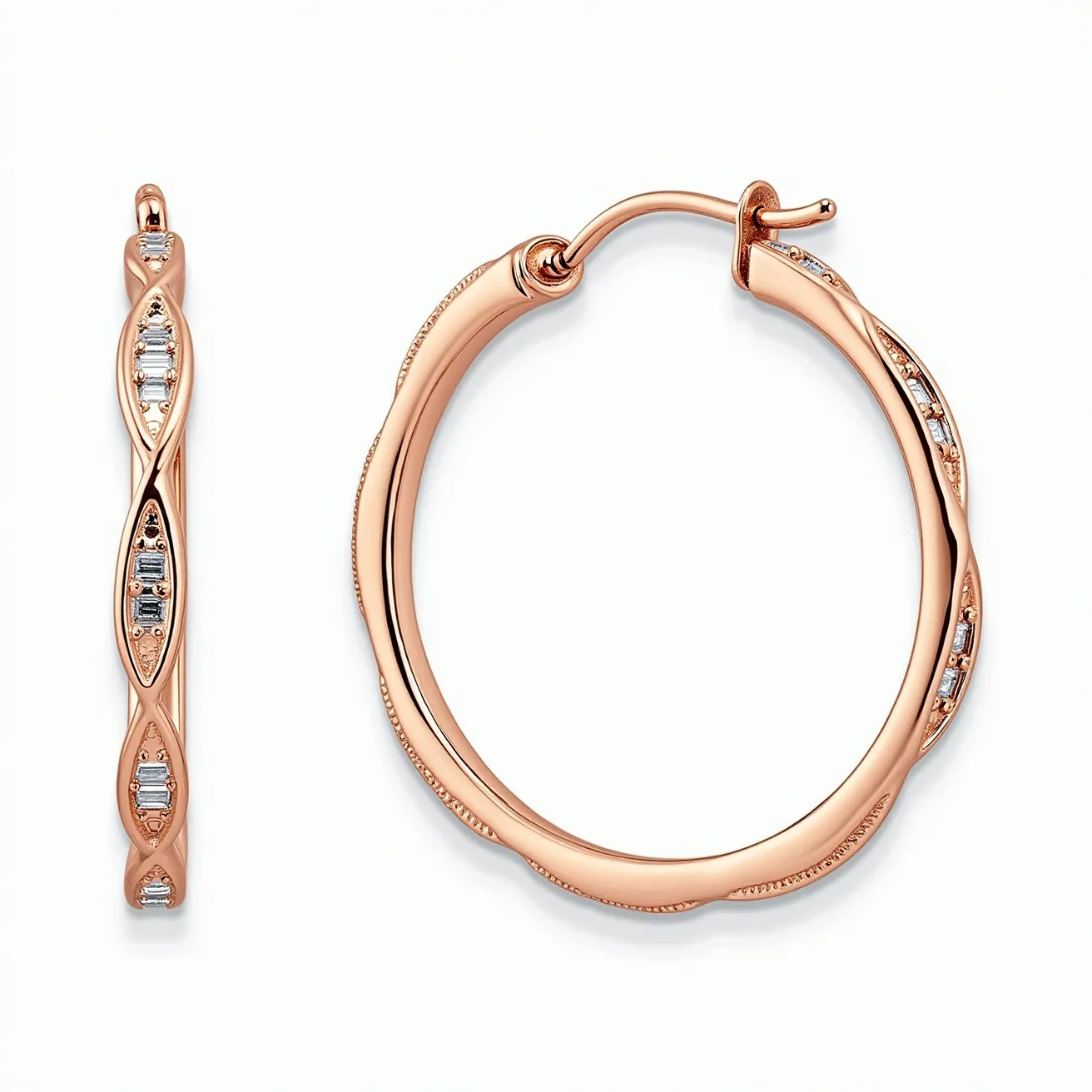 These diamond hoop earrings feature a sleek design crafted from rose gold, showcasing an elegant interwoven pattern. The hoops are adorned with baguette-cut diamonds, strategically set along the twisted design to maximize sparkle and visual appeal. The diamonds are securely set in individual prong settings, highlighting their brilliance and clarity. The earrings are attached with a hinged clasp, ensuring a secure and comfortable fit when worn.