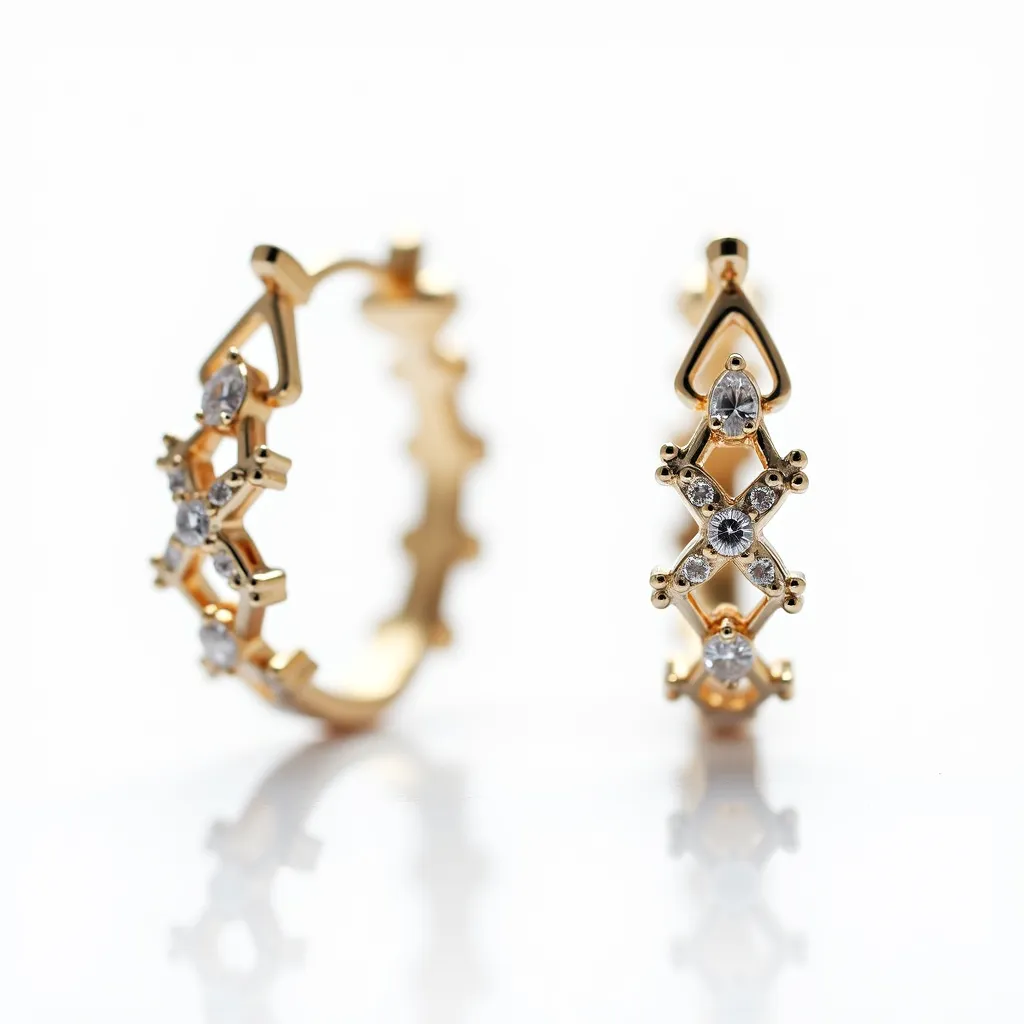 These diamond hoop earrings feature a sophisticated design constructed primarily from gold. The earrings are adorned with a series of sparkling diamonds, each carefully set in a prong setting, enhancing their brilliance and security. The primary stone showcases a round cut, strategically placed to catch and reflect light efficiently. The design is accentuated by smaller diamonds set along the geometric pattern, creating an intricate and elegant aesthetic. These earrings use a latch-back clasp for secure and comfortable wear, blending practicality with style in their overall composition.