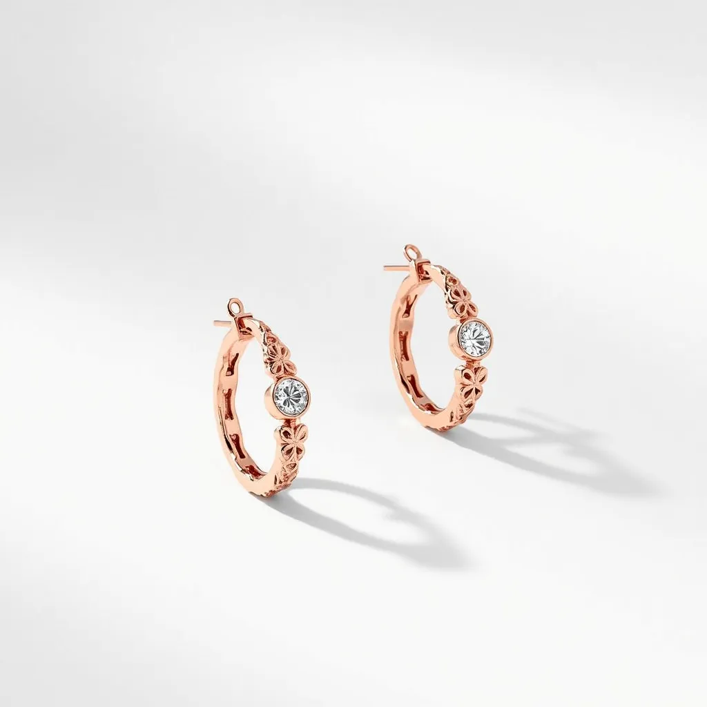 These diamond hoop earrings feature a delicate floral design crafted from rose gold, showcasing a harmonious blend of elegance and charm. Each hoop is adorned with a prominent round-cut diamond set in a bezel setting, which ensures durability and enhances the stone's brilliance. The intricate floral motifs on the hoops add a touch of artistry, making them visually striking. These earrings are equipped with post and latch back closures, offering a secure and comfortable fit. The combination of rose gold and sparkling diamonds results in a timeless and sophisticated aesthetic.