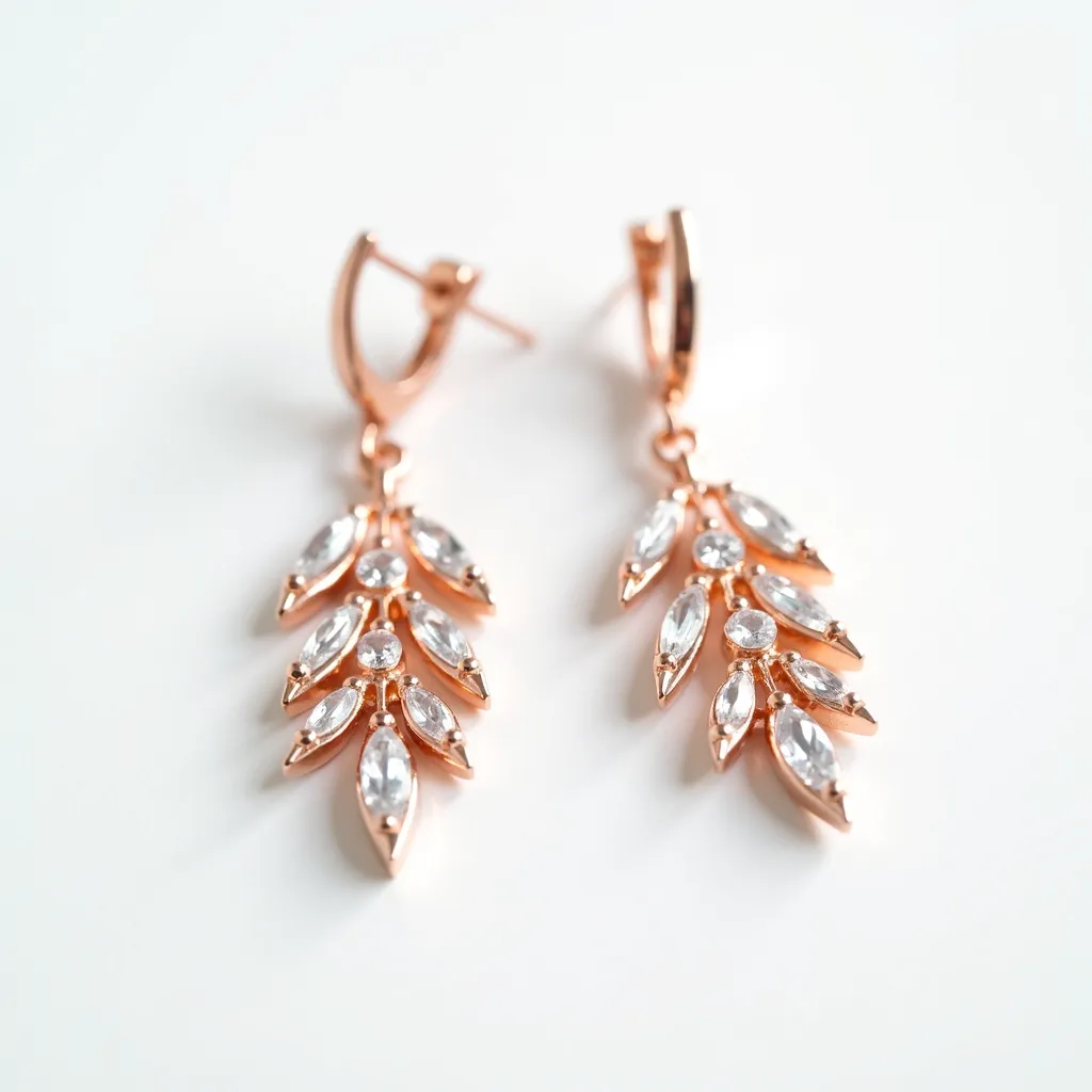 These drop earrings feature a delicate design adorned with a series of clear, marquise-cut gemstones secured in prong settings. The gemstones are arranged in a graceful cascading leaf pattern, adding elegance and movement to the piece. The metal appears to be a rose gold-tone, complementing the brilliance of the stones. These earrings are equipped with latch back clasps for secure and comfortable wear. The combination of the rose gold setting and the sparkling stones creates a sophisticated and timeless look, making them suitable for both formal and casual occasions.