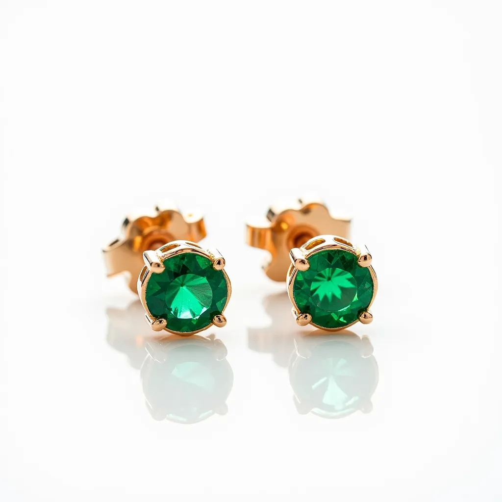 These emerald earrings feature striking round-cut emerald stones set in a classic prong setting, allowing the vibrant green of the gems to catch and reflect light beautifully. The metal appears to be a polished gold, enhancing the rich color of the emeralds and providing an elegant contrast. Each earring is equipped with a secure butterfly clasp, ensuring both comfort and stability when worn. The simple yet sophisticated design makes these earrings a versatile accessory suitable for a variety of occasions.