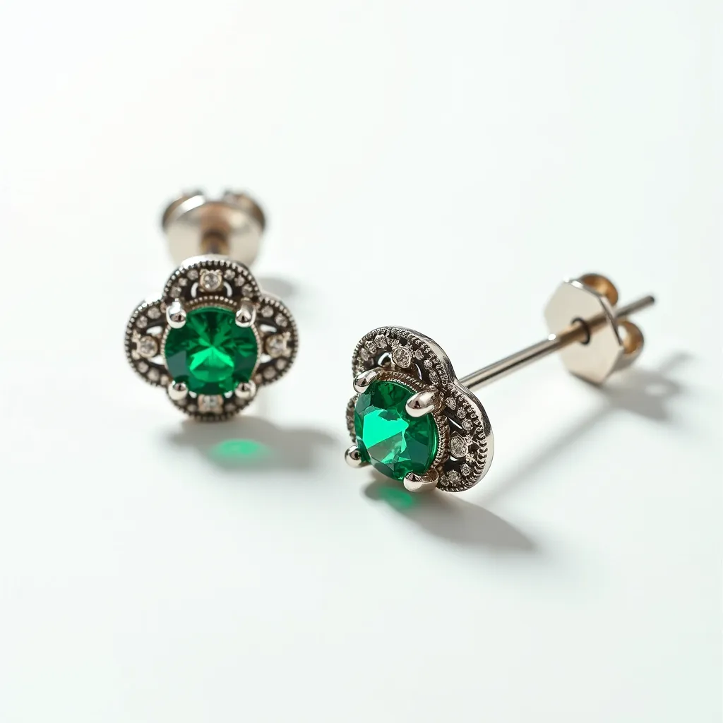 These emerald earrings feature striking green gemstones, cut in a round shape, which are prominently set in intricate silver-toned settings. The settings appear to be adorned with small decorative elements resembling beading or small stones, adding a touch of vintage charm. Each earring is designed with a post and push-back clasp, ensuring a secure fit. The craftsmanship highlights the green stones as the focal point, elegantly framed by the detailed metalwork.