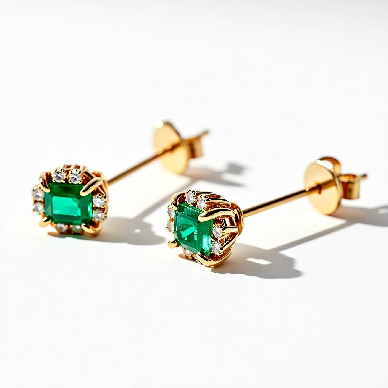 These emerald earrings feature a stunning central emerald gemstone, expertly cut in an emerald shape, which enhances its vibrant green hue. The emerald is set in a halo of small round diamonds, each secured in a prong setting that allows maximum light to pass through and enhance their sparkle. The surrounding metal appears to be a rich yellow gold, adding a warm contrast to the cool tones of the gemstones. The earrings are designed as studs and are equipped with a secure push-back clasp, ensuring they remain comfortably and securely in place when worn.