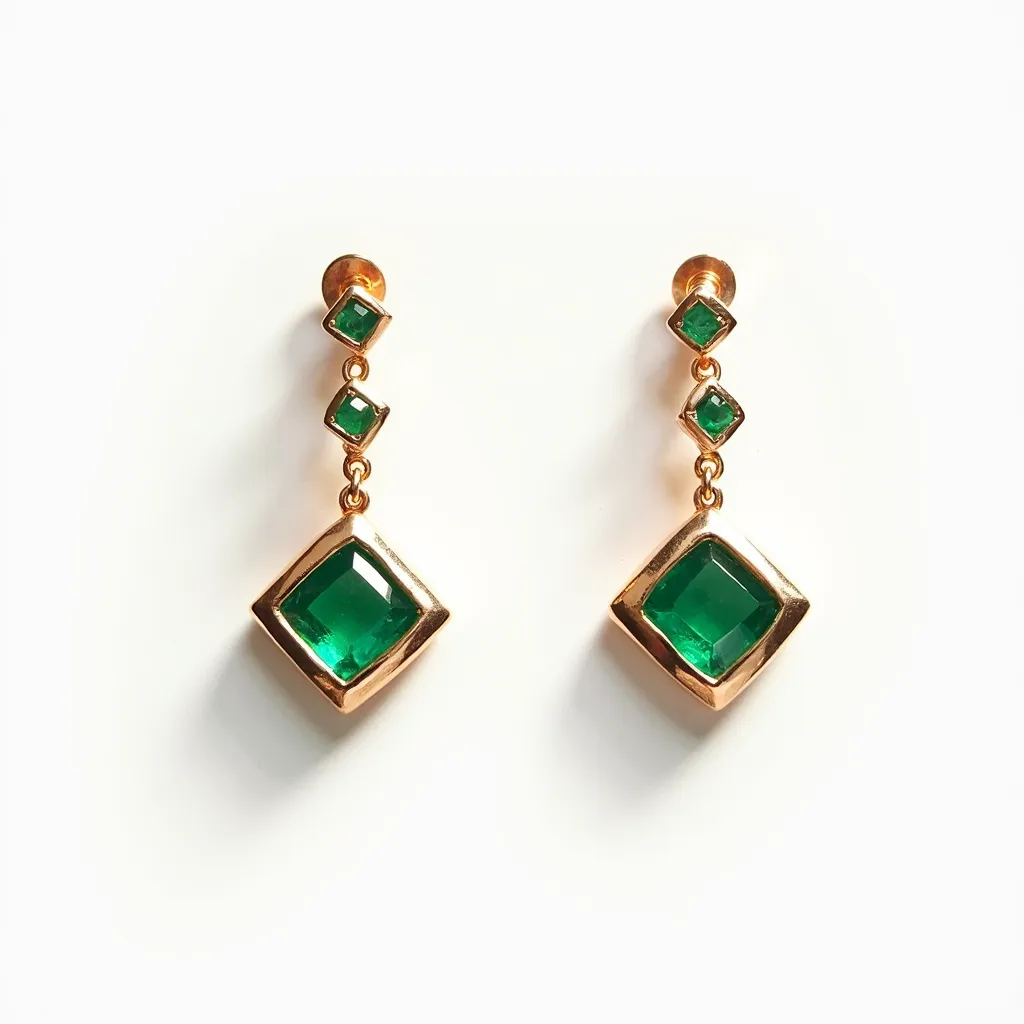 These emerald earrings feature a sophisticated design with vibrant green square-cut emerald stones. Each earring includes three emeralds, increasing in size from top to bottom, set in a sleek gold framework. The gold settings contrast beautifully with the rich hue of the stones, enhancing their vivid color. The earrings have a classic stud attachment with gold clasps, ensuring they remain securely and comfortably in place when worn. The overall design highlights elegance and simplicity, allowing the natural beauty of the emeralds and gold to stand out.