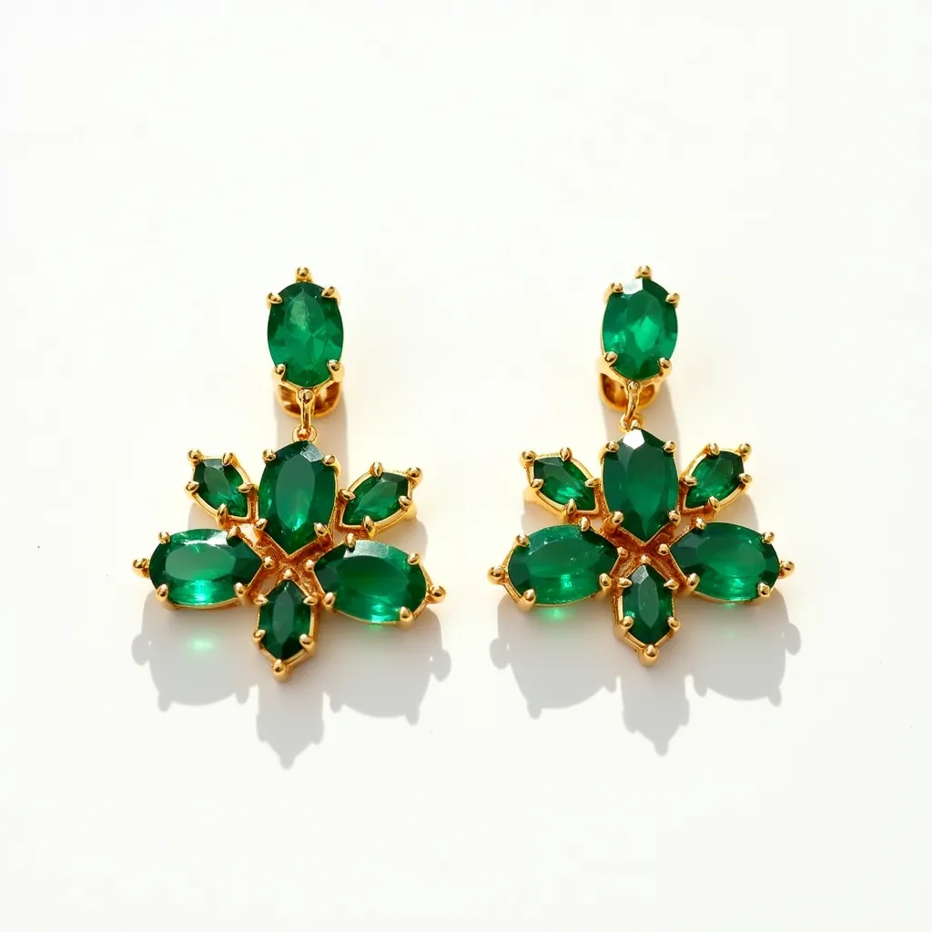 These emerald earrings feature a striking arrangement of vibrant green gemstones, structured in a floral design. The prominent gemstones appear to be emeralds, elegantly cut into both oval and marquise shapes, creating a symmetrical floral motif. Each stone is securely held in place by a prong setting, which seems to be crafted in a warm, polished gold metal, enhancing the vividness of the emeralds. At the top, an oval-cut emerald dangles from a simple attachment, adding a gentle movement to the design. The back of the earrings likely includes a post and push-back clasp, ensuring a secure and comfortable fit when worn.