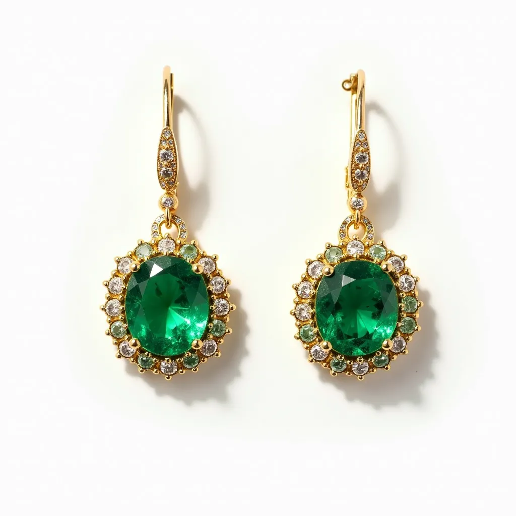 These emerald earrings feature an exquisite pair of oval-cut emerald stones set as the focal point, surrounded by a halo of smaller round-cut gemstones alternating between clear and green stones, likely diamonds and emeralds. The emeralds are set in a gold frame that enhances their vivid green hues. The halo setting adds elegance and brilliance, reflecting light beautifully. Above the main stone, the hook-style attachment is adorned with additional small diamonds, adding an extra touch of sparkle. The earring design is completed with a secure lever-back clasp that offers both style and security.