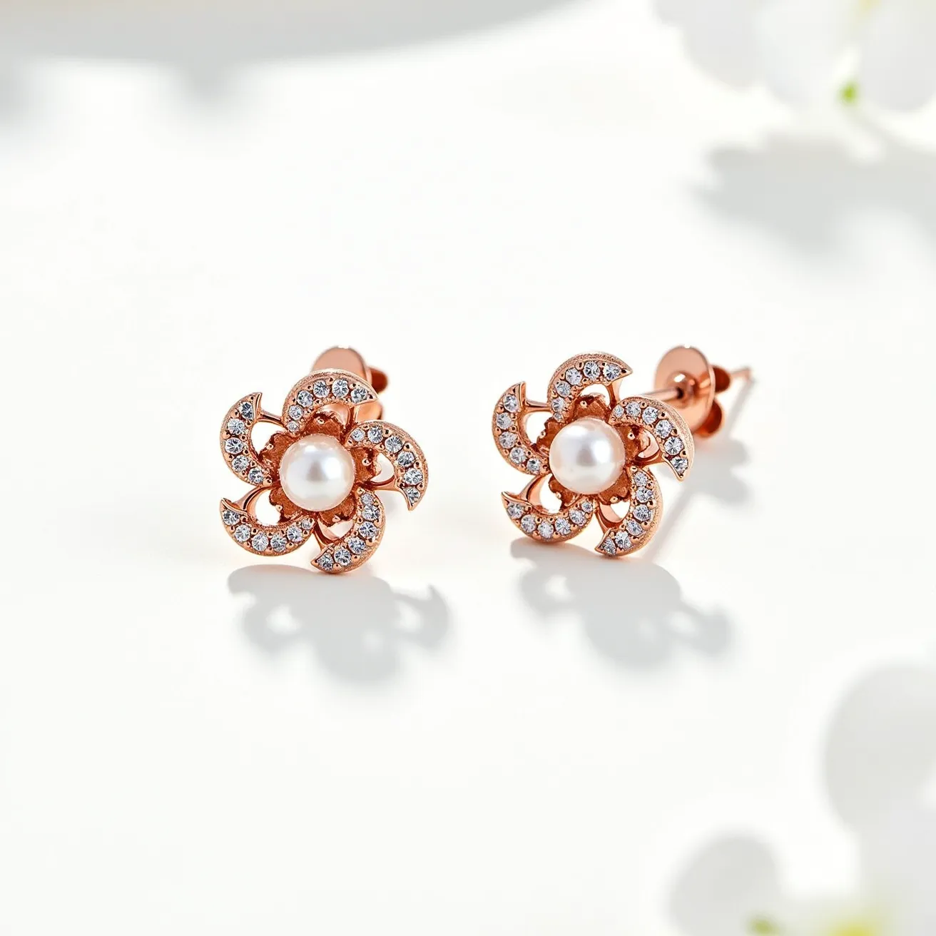 These floral earrings design features a captivating arrangement of rose gold petals, each adorned with sparkling round-cut diamonds, enhancing their elegant appeal. At the center of each earring lies a lustrous pearl, which serves as the focal point of the design, offering a classic and timeless touch. The earrings utilize a stud attachment, ensuring a secure and comfortable fit for the wearer. The harmonious blend of pearls and diamonds set in rose gold offers a sophisticated and exquisite look, perfect for various occasions.