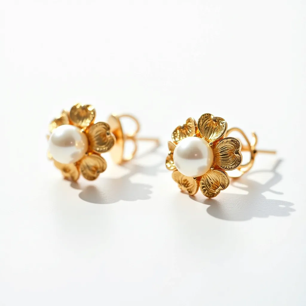 These floral earrings feature a delicate arrangement of petals crafted from gold-colored metal, giving them an elegant and timeless appeal. At the center of each earring is a pearl, round in shape, adding a touch of sophistication and classic beauty. The pearl is set securely within the floral design, enhancing the overall aesthetic of the earrings. The attachment style includes a post-back, providing a secure and comfortable fit for the wearer. The combination of the lustrous pearl and the detailed metallic petals creates a harmonious design that elevates any ensemble.