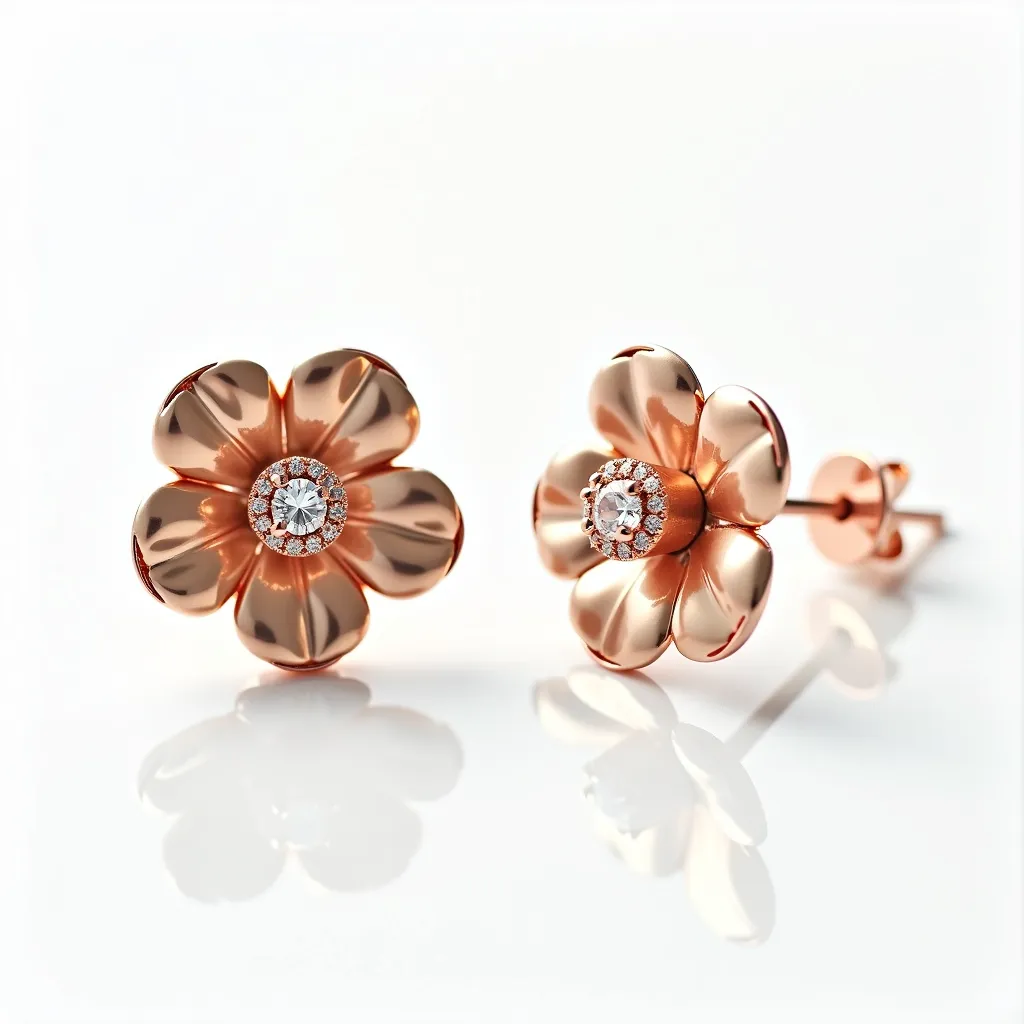 These floral earrings feature a design crafted from a polished rose gold-toned metal, shaped into delicate petals forming a flower. At the center of each earring, there is a sparkling round-cut diamond, surrounded by a halo of smaller diamonds, adding a touch of elegance and brilliance. The diamonds are securely set in a prong setting, ensuring stability and showcasing their shine. The earrings are equipped with a post and butterfly back for secure attachment to the ear. The harmonious combination of rose gold and diamonds makes these earrings a stylish and sophisticated accessory.