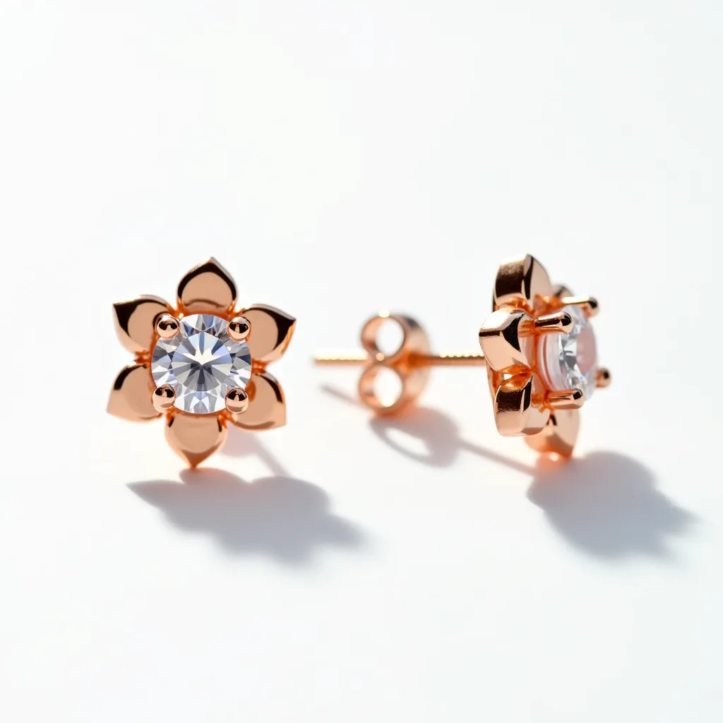 These floral earrings feature a charming design crafted in rose gold, forming delicate petals that encircle a central gemstone. The gemstone appears to be a well-cut, round brilliant stone, securely held in place by a prong setting that accentuates its sparkle and brilliance. The earrings include a post and butterfly clutch back, offering a secure and comfortable attachment for the wearer. The overall craftsmanship and choice of materials provide a sophisticated and elegant aesthetic, perfect for adding a touch of elegance to any ensemble.