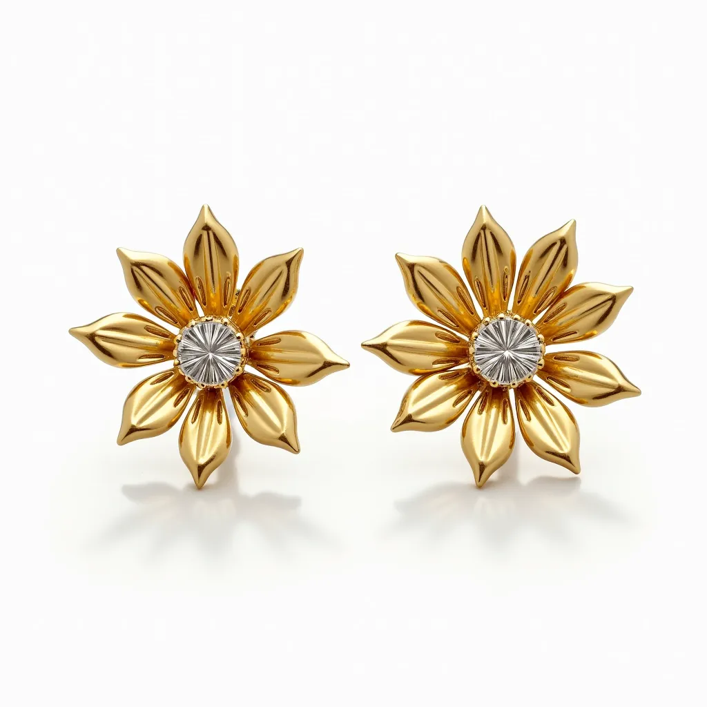 These floral earrings feature a captivating design reminiscent of blooming flowers. Crafted from a golden metal, each earring showcases a series of eight meticulously shaped petals radiating from a central point. The center of each flower is adorned with a silver-toned metallic disk that is intricately detailed, adding texture and contrast to the overall design. The petals have a smooth, polished finish that reflects light beautifully, enhancing the earrings' elegance. The earrings likely use a post-back clasp system for secure attachment when worn. The combination of gold and silver tones creates a harmonious and sophisticated appearance suitable for a variety of occasions.