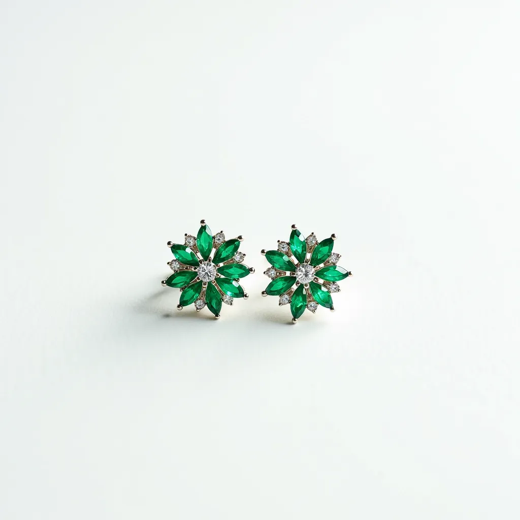 These floral earrings feature a stunning arrangement of marquise-cut green stones, likely emeralds, forming the petals of each flower. At the center of the floral design, there is a round-cut white stone, possibly a diamond, set within a prong setting that adds a sparkling focal point. Surrounding each green stone, there are small round-cut white stones that add additional brilliance and detail to the design. The earrings appear to be crafted from a metal that could be silver or white gold, providing a sleek and elegant contrast to the colorful stones. The attachment likely involves a stud or post backing, offering a secure and comfortable fit for the wearer.