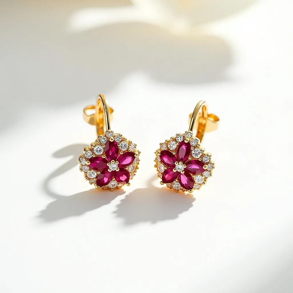 These flower earrings are beautifully crafted with a gold base that elegantly frames the design. At the center, marquise-cut pink gemstones, likely rubies, are arranged in a floral pattern, creating a striking visual contrast against the gold. Surrounding the central stones, smaller round-cut diamonds are meticulously set in a halo, adding a touch of sparkle and brilliance to the overall aesthetic. The earrings feature a lever-back clasp, ensuring they are securely fastened when worn. The combination of vibrant gemstones and shimmering diamonds gives these earrings a luxurious and sophisticated appearance.