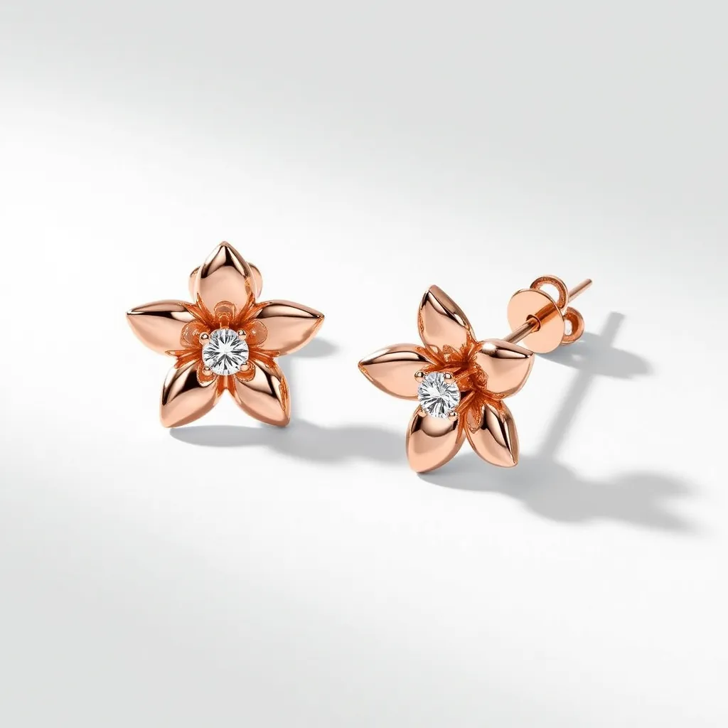 These floral stud earrings exhibit a charming design with petals crafted from a glossy rose gold metal, imparting a warm and elegant appearance. At the center of the flower design, each earring is adorned with a round, brilliant-cut diamond that is securely held in place by a prong setting, adding a touch of sparkle and sophistication. The earrings are finished with a standard post and butterfly back clasp, ensuring a secure and comfortable fit when worn.