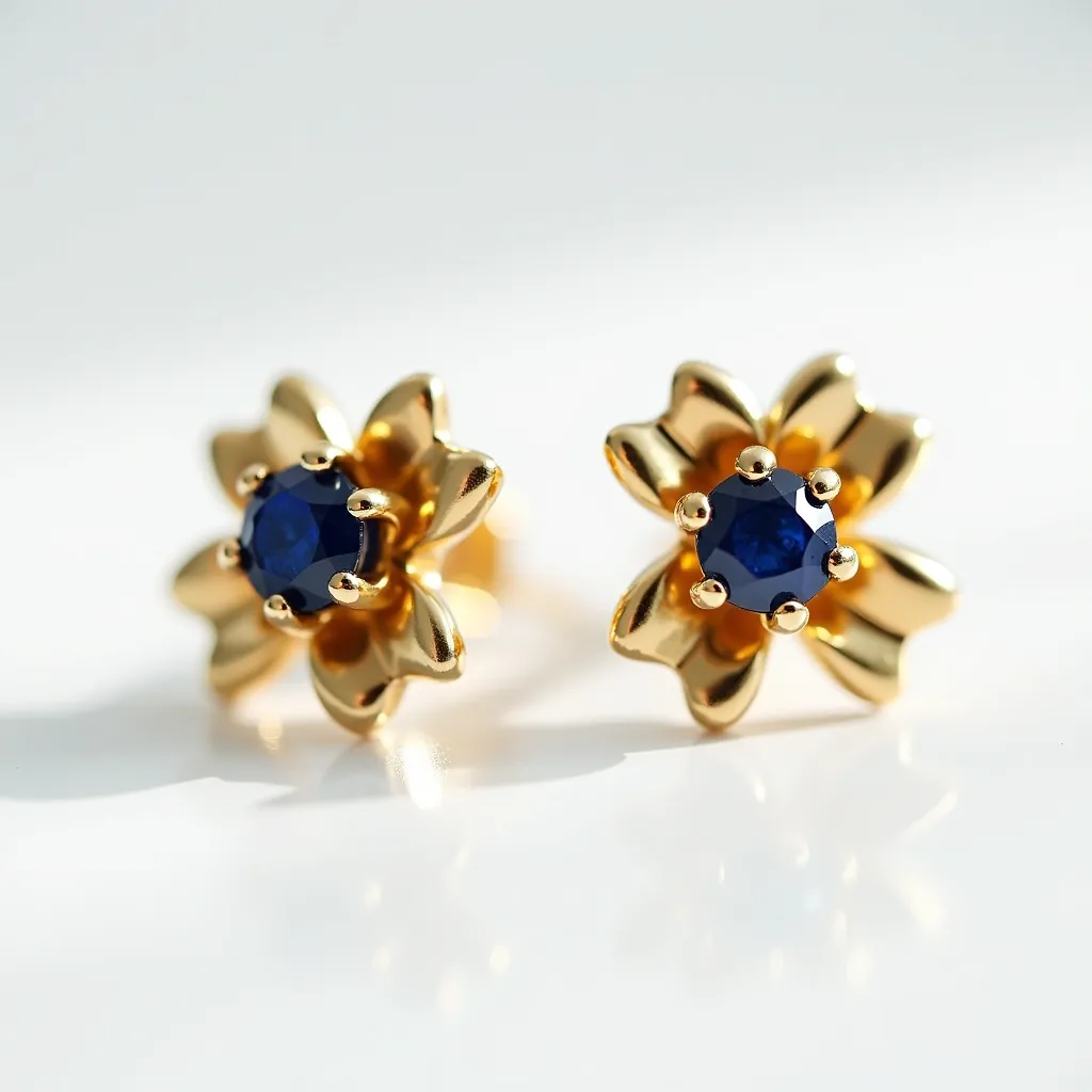 These floral stud earrings feature a beautifully crafted design with petals made of a lustrous gold material, giving them a refined and elegant appearance. At the center of each earring is a striking blue gemstone, likely a sapphire, which is round-cut to enhance its brilliance and color. The gemstones are secured in place by prong settings, adding both durability and a classic touch to the design. These earrings have a post-back closure, ensuring that they stay securely in place while being easy to wear.