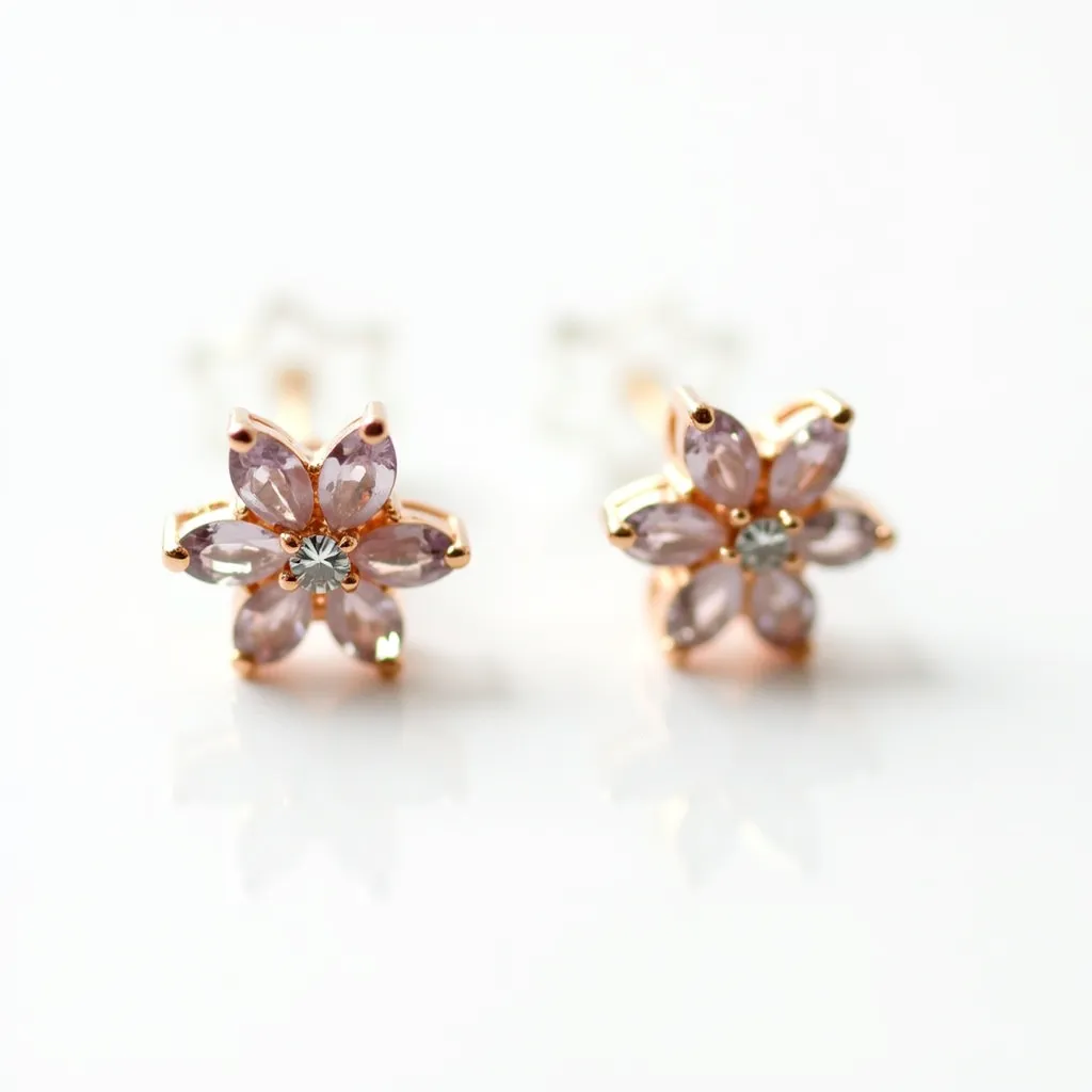 These floral stud earrings feature a delicate design with petals crafted from pale pink marquise-cut stones, each securely set in a gold prong setting that forms the shape of a flower. At the center of each earring lies a small, round-cut clear gem, possibly a diamond or cubic zirconia, adding a subtle sparkle to the piece. The gold or gold-toned metal enhances the elegance and complements the soft hue of the stones. These earrings are equipped with a traditional post and butterfly clutch back, ensuring a secure and comfortable fit for everyday wear.