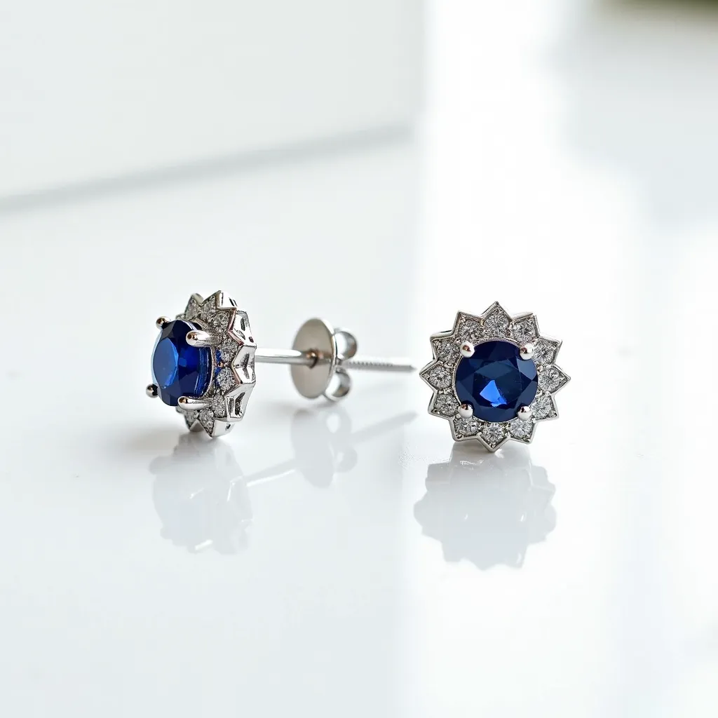 These gemstone earrings feature a striking design with a central deep blue sapphire, expertly cut into a round shape. The sapphires are surrounded by a halo of smaller, clear gemstones, likely diamonds, enhancing their brilliance and creating a starburst effect. The gemstones are set in a delicate, flower-like setting made of a polished white metal, possibly white gold or platinum, adding a touch of elegance and luxury to the design. These earrings use a screw-back clasp, ensuring secure attachment and comfort when worn.