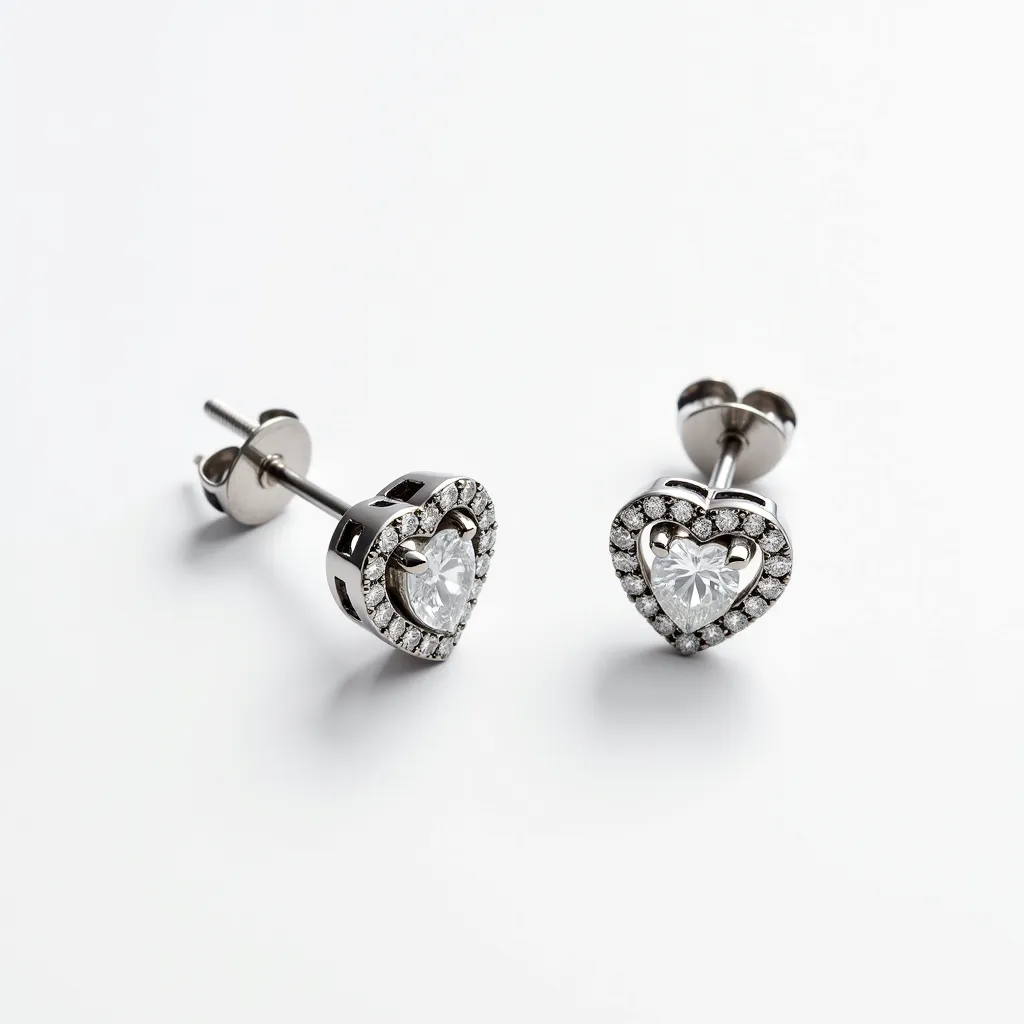 These gemstone earrings feature a central heart-shaped gem, most likely a clear diamond or a similar crystal, expertly cut to enhance its brilliance. The heart gem is surrounded by a halo of smaller round stones, possibly diamonds, that add an extra layer of sparkle to the design. The stones are securely set in a sleek metal setting, which appears to be either white gold, platinum, or a similar lustrous metal, complementing the gems' shimmer. The earrings are designed with a post back attachment, which includes a friction back clasp, providing a secure and comfortable fit for everyday wear.