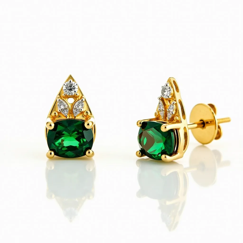 These gemstone earrings feature a prominent green central stone, likely an emerald or green tourmaline, cut in a round brilliant shape. The stone is set in a classic four-prong setting, crafted from gold, accentuating its rich color and sparkle. Above the central stone, there are smaller, sparkling clear gems, possibly diamonds, arranged in a triangular design. These gems are securely set into the golden framework, adding a touch of elegance. The earrings are equipped with a screw-back clasp, ensuring a secure fit when worn, making them both stylish and practical for everyday or special occasion wear.