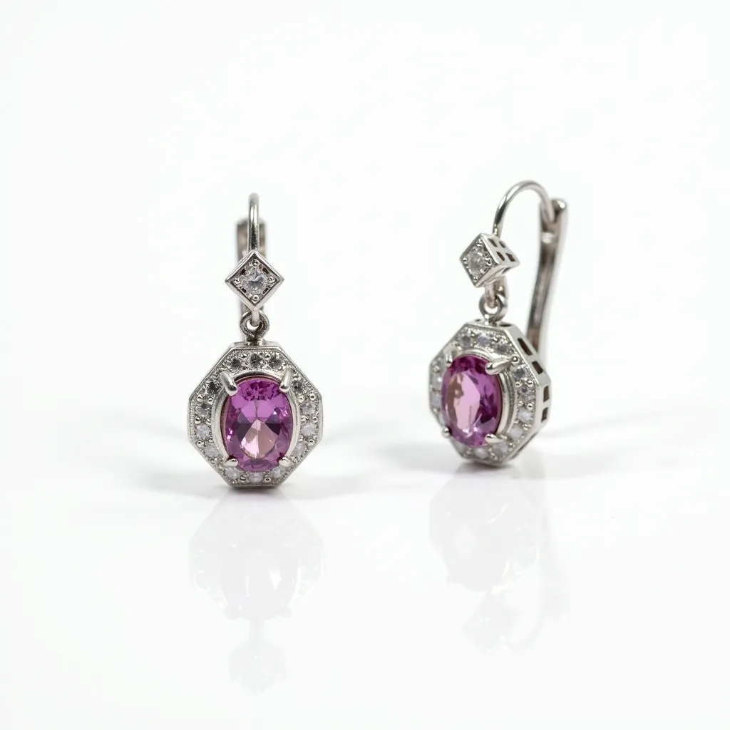 These gemstone earrings feature a striking design centered around vibrant purple, oval-cut gemstones set within a silver-toned metal frame. The main stones are elegantly surrounded by a halo of smaller, clear gemstones that add a touch of sparkle. The earring design incorporates a decorative square element above the main stone, also embellished with small, clear stones, harmonizing beautifully with the overall motif. The attachment method is a lever-back clasp, ensuring a secure and comfortable fit when worn. The combination of the richly colored gemstones with the sparkling accents creates a sophisticated and eye-catching accessory.