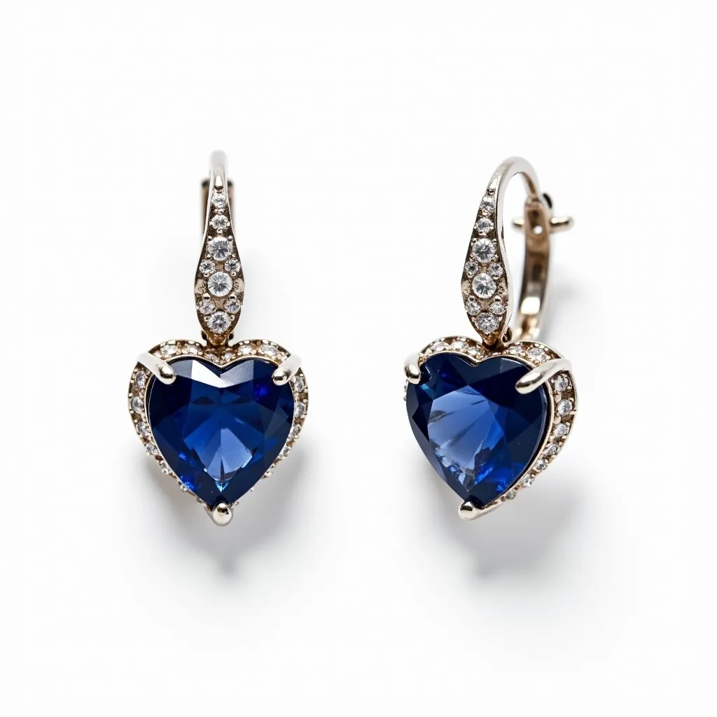 These gemstone earrings feature striking heart-shaped blue gemstones, likely sapphires, set prominently at the center. Each gemstone is expertly faceted to enhance its brilliance and vibrant hue. Encircling each sapphire is a halo of smaller round clear stones, possibly diamonds, adding an elegant sparkle that complements the deep blue center stones. The earrings are crafted from a silver or white gold metal, providing a sleek and polished backdrop for the gems. The overall setting showcases the stones with prongs that securely cradle the sapphires. For attachment, the earrings are designed with a hinged clasp, ensuring a secure fit for the wearer.