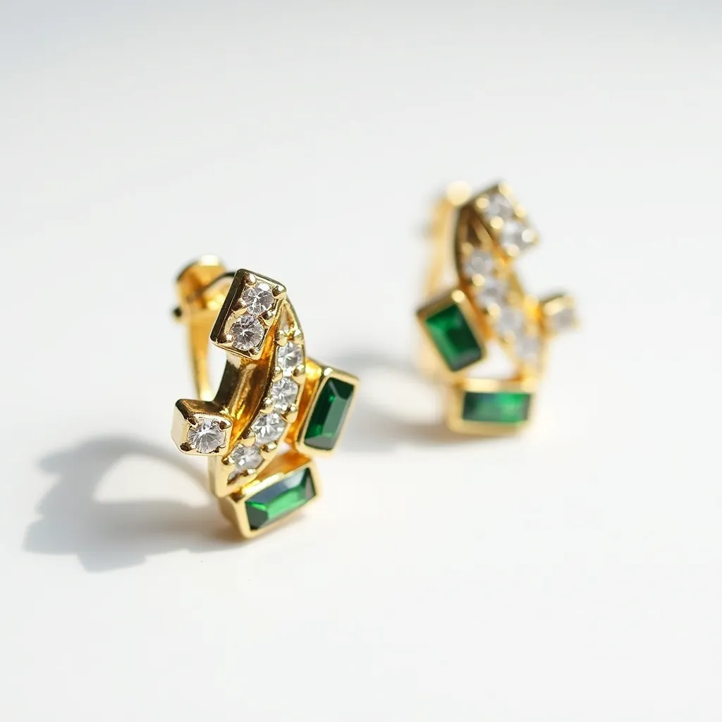 These gemstone earrings feature a striking design with vibrant green gemstones, likely emeralds, cut in a rectangular style and set in a gold-colored metal. Complementing these are smaller, round clear stones, possibly diamonds or cubic zirconia, also secured in the gold setting. The earrings have a unique geometric arrangement, showcasing a balance between the different cuts and colors of the gemstones. The attachment type appears to be a hinged clasp, providing a secure and comfortable wear. The combination of gold with green and clear stones creates an elegant and sophisticated look.