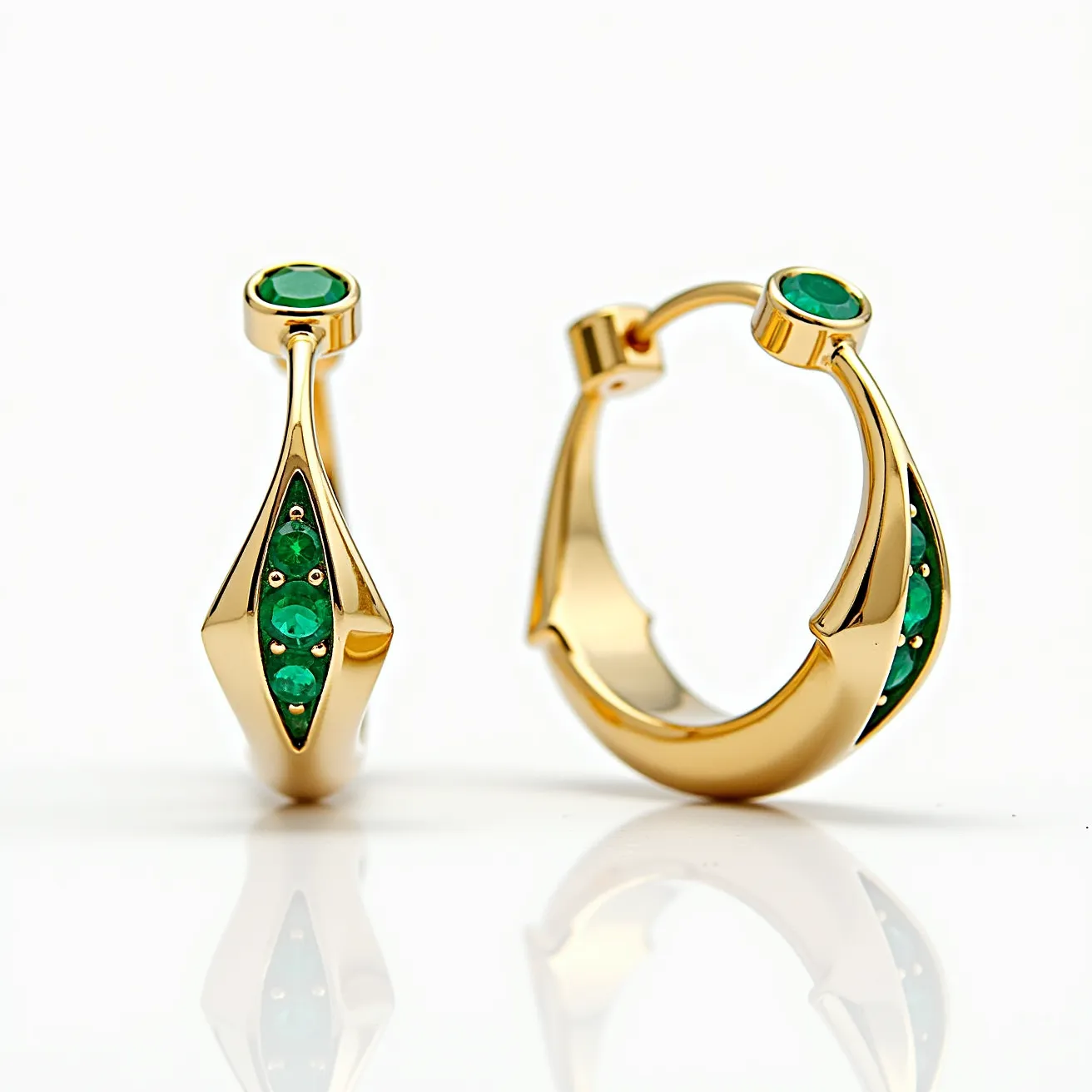 These gold cartilage earrings exhibit a refined design crafted from polished gold. The earrings are adorned with vibrant green gems, likely emeralds, which are expertly cut into a round shape. Each gem is set into the metal in a secure and elegant bezel setting, ensuring durability and making them stand out. The earrings feature a simple yet effective clasp mechanism, likely a hinged hoop style, allowing for comfortable wear and easy attachment to the ear. The combination of materials and design elements creates a sophisticated and timeless appeal.