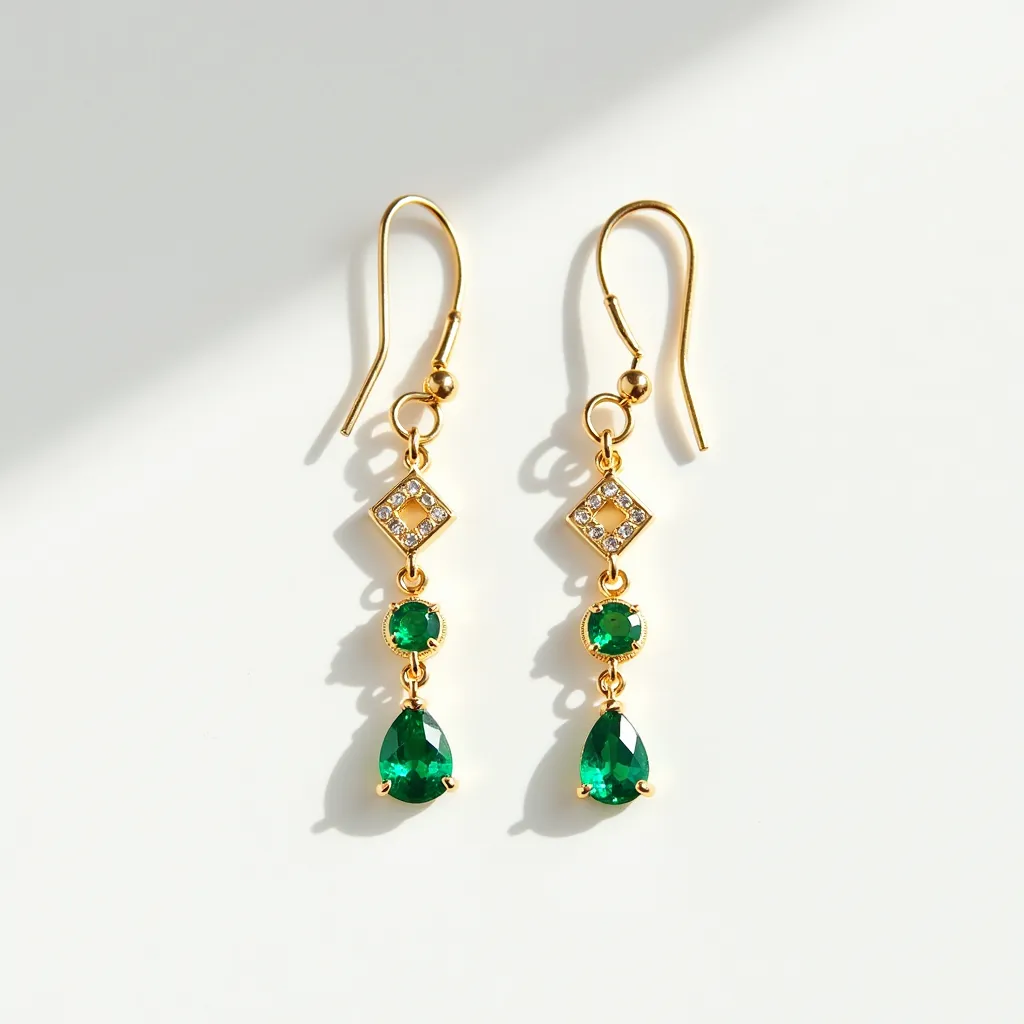 These gold dangle earrings feature an elegant design crafted with a gold metal framework. At the top, diamond-shaped elements are adorned with small clear stones, set in a pavé style, adding a touch of sparkle. Below these, a round-cut green stone is securely held, followed by a larger pear-shaped green stone in a prong setting, allowing the gemstone to catch the light beautifully. The earrings are finished with a simple hook clasp, making them easy to wear while adding a graceful dangle effect.