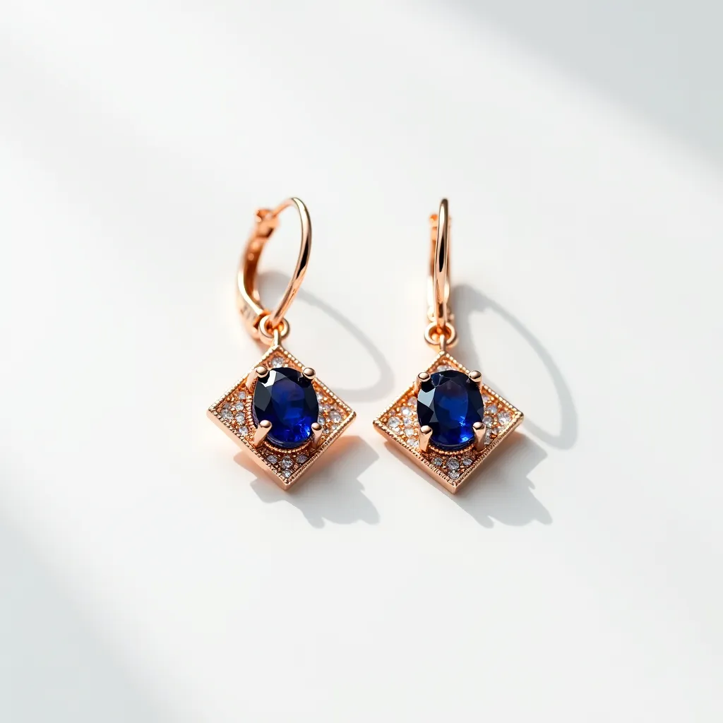 These gold dangle earrings feature a luxurious design composed of gold material with an elegant touch. Each earring showcases a central oval-cut blue sapphire, set in a four-prong setting, providing a stunning contrast against the gold. Surrounding the sapphires are small, sparkling diamonds arranged in a halo on a square gold frame, enhancing the brilliance and allure of the central stones. The earrings are attached with secure lever-back clasps, ensuring a comfortable and stylish fit. This combination of rich gold, deep blue sapphires, and radiant diamonds creates an exquisite piece of jewelry.