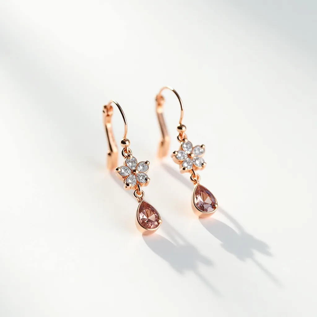 These gold dangle earrings feature a combination of fine materials and intricate design elements. The primary material is gold, which provides a luxurious and elegant appearance. Each earring is adorned with a floral cluster setting featuring multiple small clear gemstones, likely diamonds or cubic zirconia, cut in a round shape that adds sparkle and brilliance. Below the floral design, a pear-shaped pink gemstone is set in a prong setting, enhancing its allure and color. The earrings are attached using a secure latch-back clasp, ensuring they remain in place while worn.