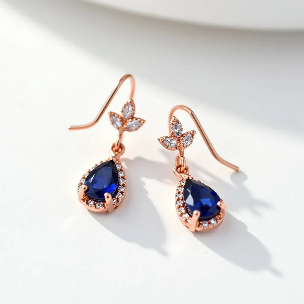 These gold dangle earrings feature a sophisticated design with blue pear-shaped stones as the focal point, each surrounded by a halo of smaller, sparkling clear gems in a prong setting. The main stones are elegantly attached to a delicate three-leaf design encrusted with matching clear gems that add a touch of brilliance. The earrings are crafted from gold-toned metal, providing a rich backdrop that enhances the vibrancy of the stones. Completing the look, the earrings are equipped with hook-style clasps, allowing for easy wear and secure attachment.