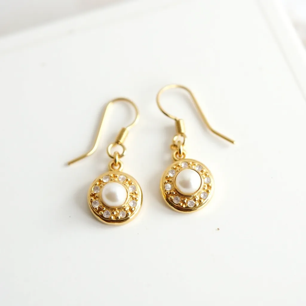 These gold drop earrings feature a central pearl, accentuated by a surrounding halo of small, round-cut white stones. The stones are set in a circular formation within a gold base, creating an elegant and classic appearance. The earrings use a French hook clasp for easy attachment, ensuring security and comfort when worn. The combination of gold with the lustrous pearl and sparkling stones results in a refined design that is both modern and timelessly elegant.