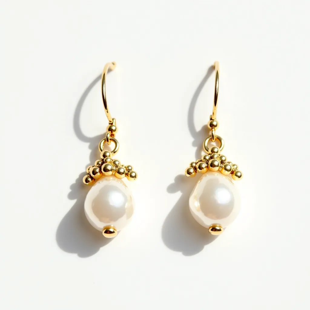 These gold drop earrings feature lustrous, teardrop-shaped pearls as the central element, set in a luxurious gold setting. The pearls are topped with a decorative cluster of polished gold beads, enhancing their elegance and creating a sophisticated look. The gold hook clasps secure the earrings and add a classic touch, allowing for comfortable wear. The combination of the shiny gold and smooth, radiant pearls creates a harmonious design that is both timeless and versatile, perfect for various occasions.