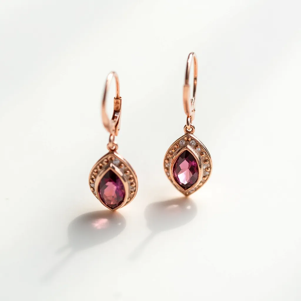 These gold drop earrings feature an elegant rose-colored gold setting, showcasing a pear-shaped gemstone as the centerpiece. The gemstone, likely a pink or red semi-precious stone, is cut with multiple facets, enhancing its brilliance and depth. Surrounding the central stone is a halo of small, clear accent stones, which are intricately set in metal, adding a touch of sparkle. The earrings are designed with lever-back clasps, offering both security and comfort for the wearer. The overall design combines classic elegance with a touch of modern sophistication.