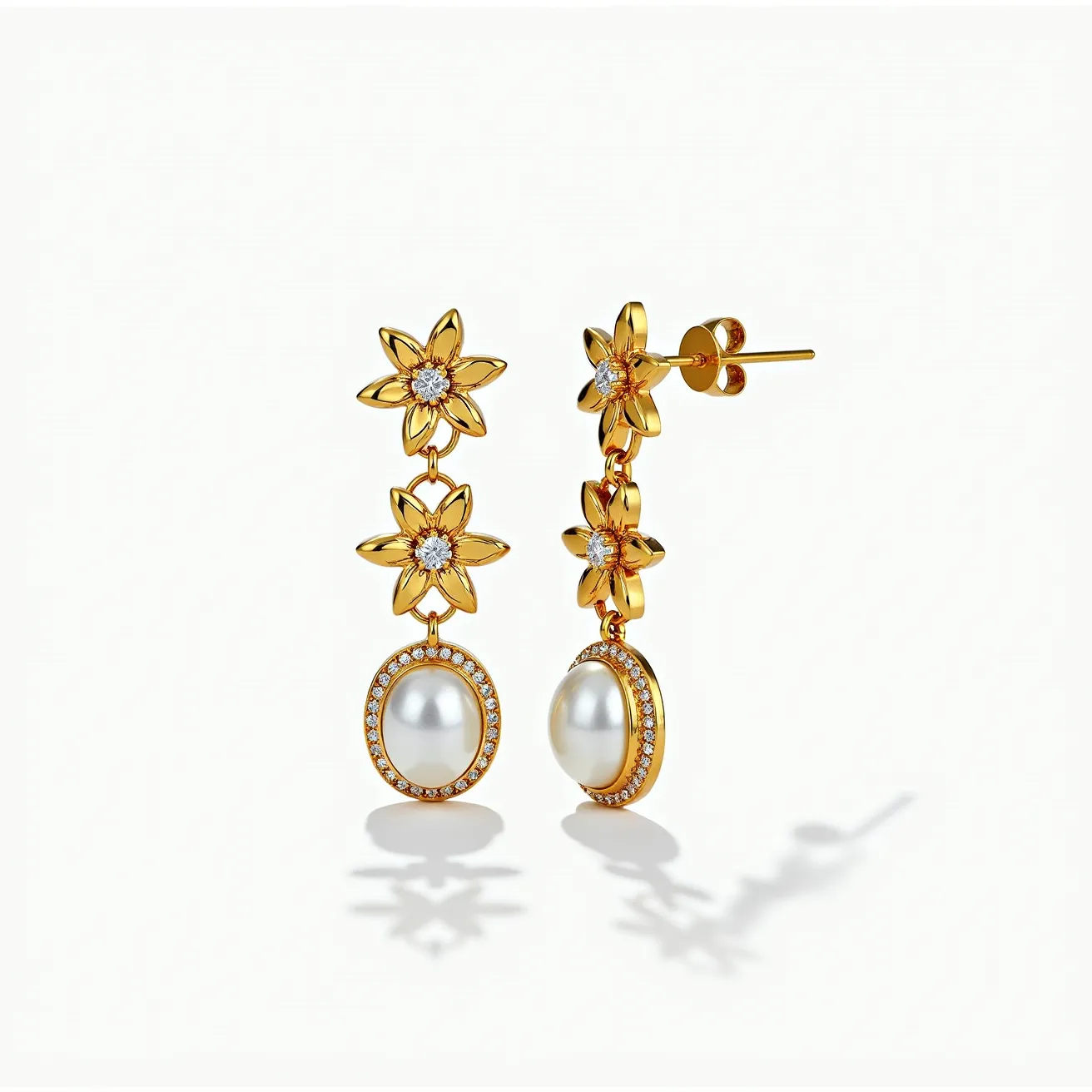 These gold earrings feature a stunning floral design crafted from polished gold. Each earring is adorned with multiple flower motifs, with a diamond-like gem set in the center of each flower, adding a touch of sparkle and elegance. The gemstones appear to be round cut and are secured in a prong setting, which enhances their brilliance. At the bottom, there is a prominent oval pearl, surrounded by a halo of small, round-cut diamond-like stones in a pavé setting, creating a luxurious and classic look. The earrings have a post-back clasp, ensuring a secure and comfortable fit.