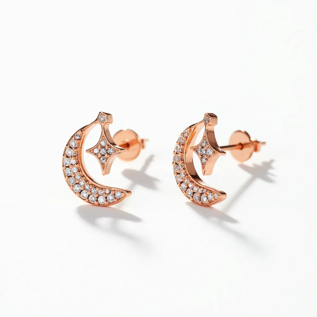 These gold earrings feature a stunning crescent moon and star motif, crafted from rose gold. They are embellished with small, round-cut white gemstones, likely diamonds or cubic zirconia, set in a classic pavé setting along the crescent. The star at the center also showcases a larger stone, harmonizing with the moon's sparkling detail. These earrings are designed with a post back, secured with a butterfly clasp, ensuring both style and comfort for the wearer.